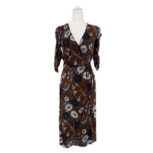 Faithfull the Brand Brown Blue White Floral Wrap Dress Rayon Summer Midi